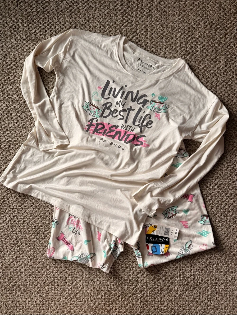 FRIENDS Women’s FRIENDS Cream Long-Sleeve Pajama Set with Pink & Teal Accents